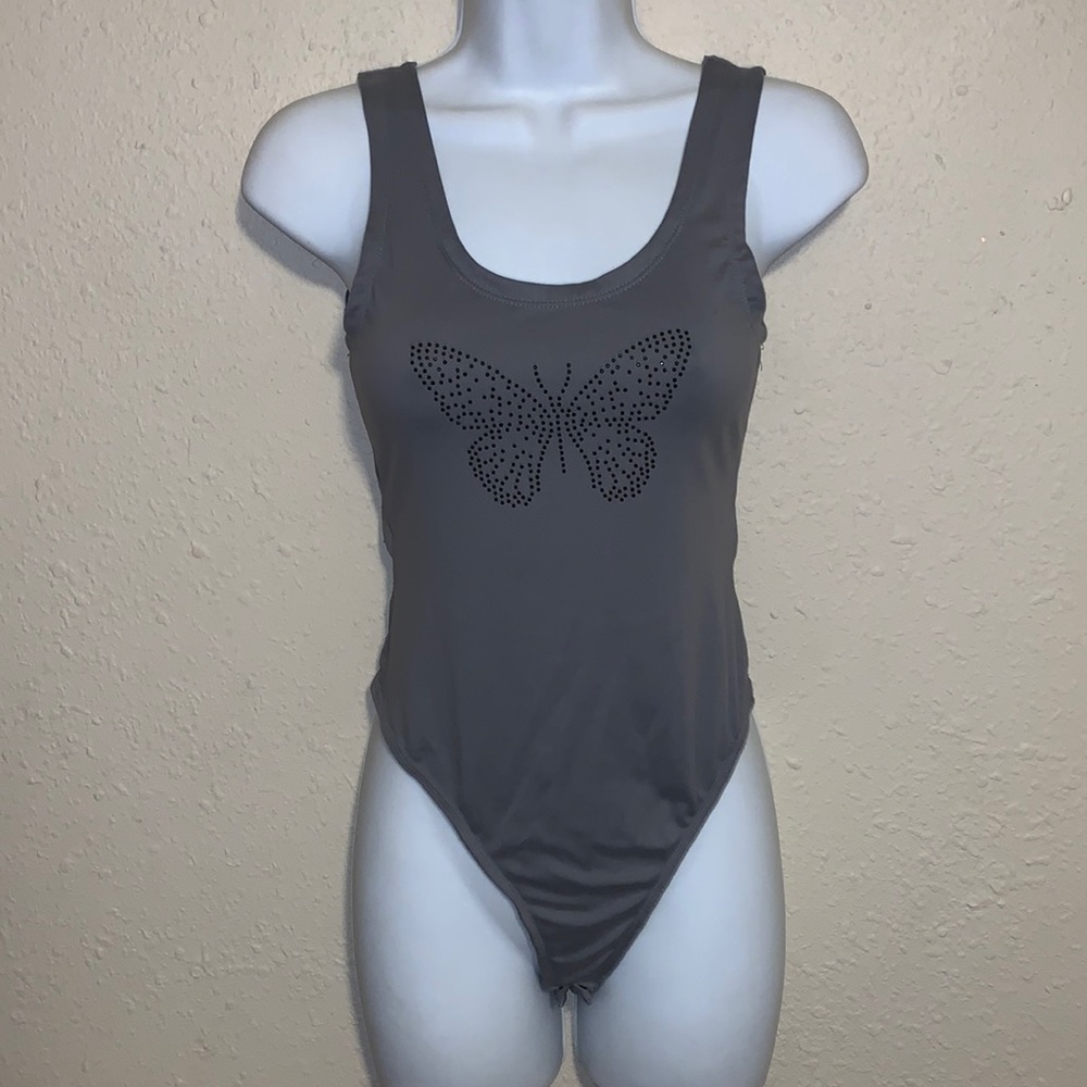 One piece bodysuit grey butterfly